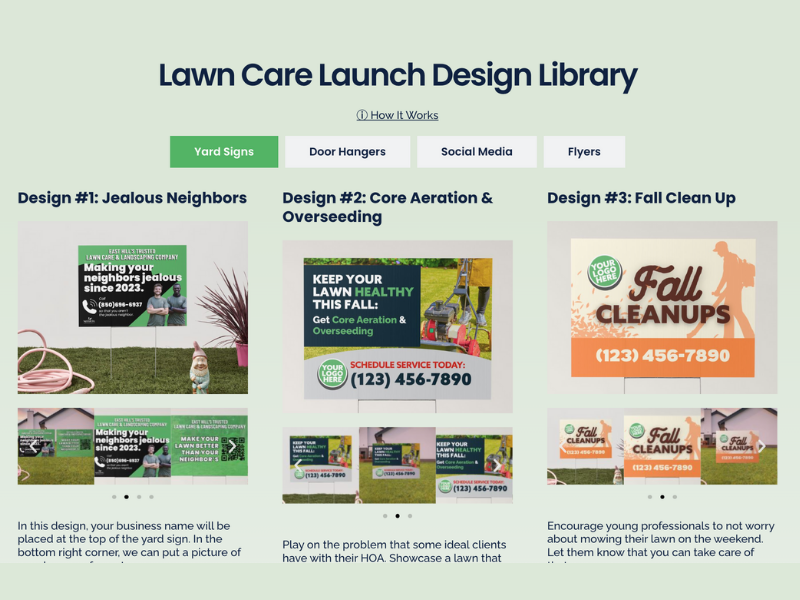 screenshot of lawn care launch design library
